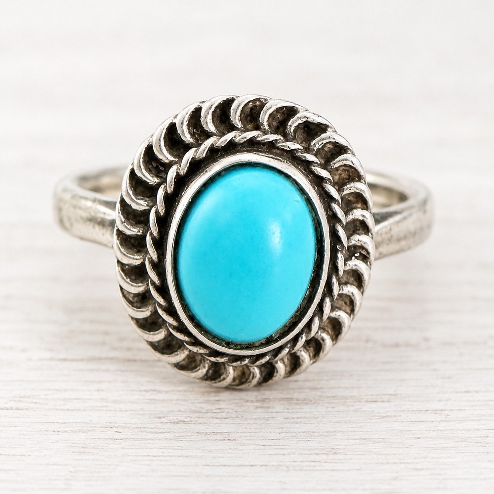 VTG Cellini Sterling Silver Turquoise Ring Size 6.75 Southwestern Boho Cabochon
